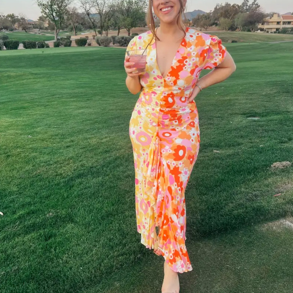 Rixo Whimsical Floral Colorblock Maxi Dress SMALL Ruched Orange Party Fun $420 - Picture 9 of 16